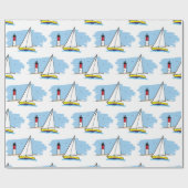 漫画スタイルのヨットおよび灯台 ラッピングペーパー (フラット)