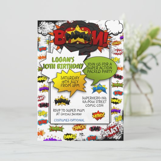 漫画スタイルの動作語パーティの招待状 招待状 (スタンド正面)