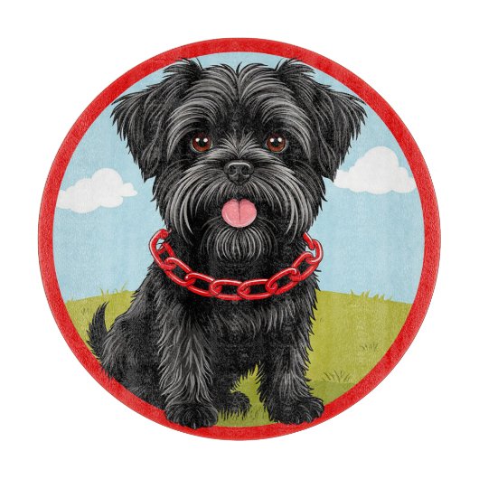 漫画スタイルの赤い襟の可愛い黒犬 カッティングボード (正面)