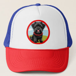 漫画スタイルの赤い襟の可愛い黒犬 キャップ