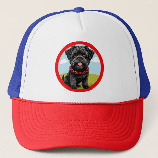 漫画スタイルの赤い襟の可愛い黒犬 キャップ (正面)