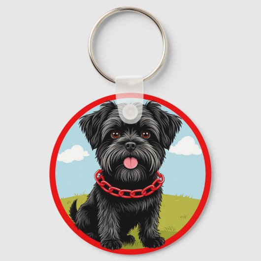 漫画スタイルの赤い襟の可愛い黒犬 キーホルダー (正面)