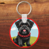 漫画スタイルの赤い襟の可愛い黒犬 キーホルダー (正面)