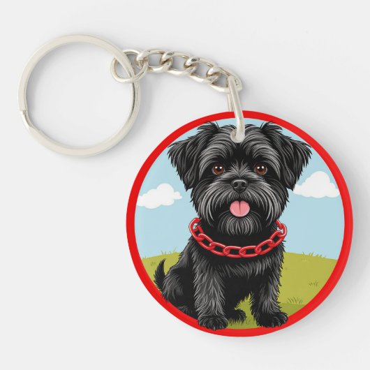 漫画スタイルの赤い襟の可愛い黒犬 キーホルダー (正面)