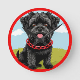 漫画スタイルの赤い襟の可愛い黒犬 ラウンド壁時計