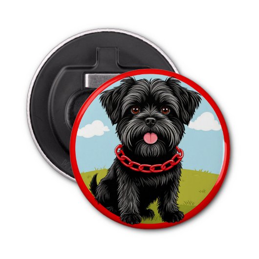 漫画スタイルの赤い襟の可愛い黒犬 栓抜き (正面)