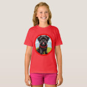 漫画スタイルの赤い襟の可愛い黒犬 Tシャツ (正面フル)