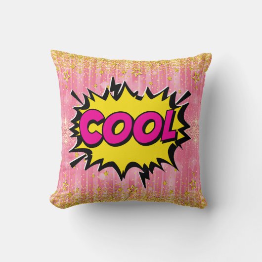 漫画スタイルアポップ・アートのートレトロイエローピンク金ゴールドクール クッション (正面)