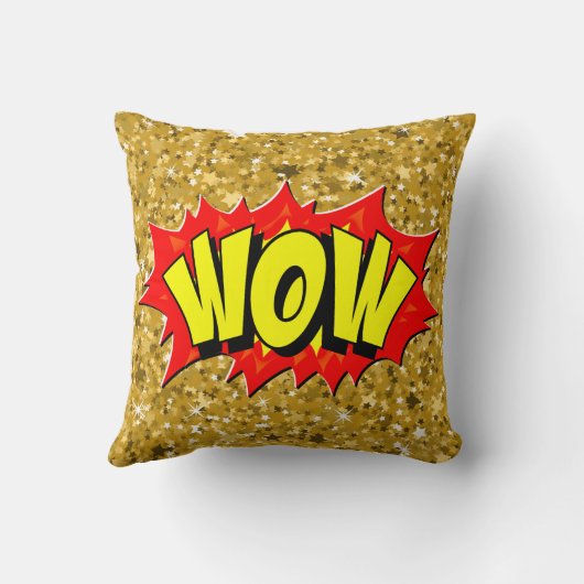 漫画スタイルアポップ・アートのートレトロイエローレッド金ゴールドWOW クッション (裏面)
