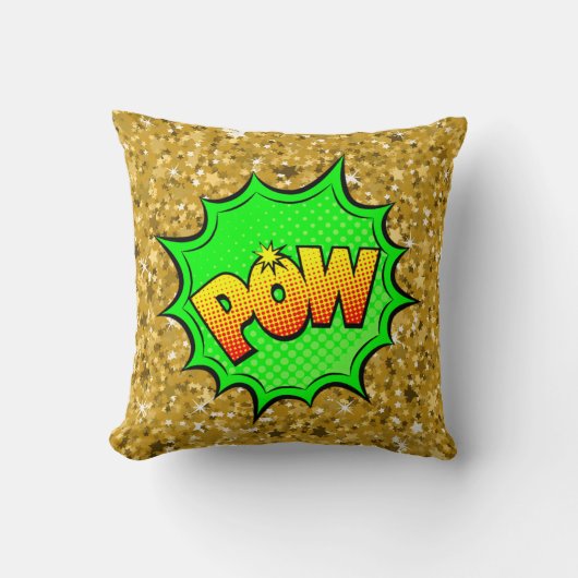 漫画スタイルアポップ・アートのートレトログリーンイエロー金ゴールドPOW クッション (正面)