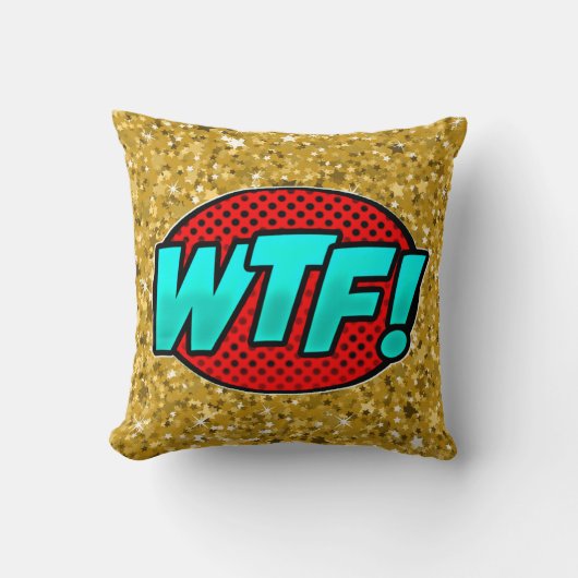 漫画スタイルアポップ・アートのートレトロブルーアクアレッド金ゴールドWTF クッション (正面)