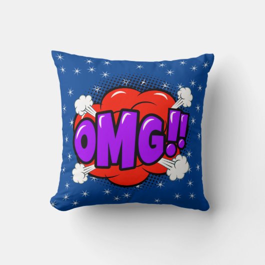 漫画スタイルアポップ・アートのートレトロブルーレッドパープルOMG クッション (正面)