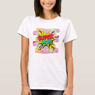 漫画スタイルアポップ・アートのートレトロレッドイエロースーパーマム Tシャツ
