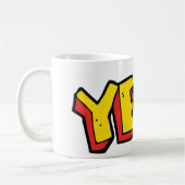 漫画スタイルイエー文字グラフィックはっきりしたイン黄 コーヒーマグカップ (左)