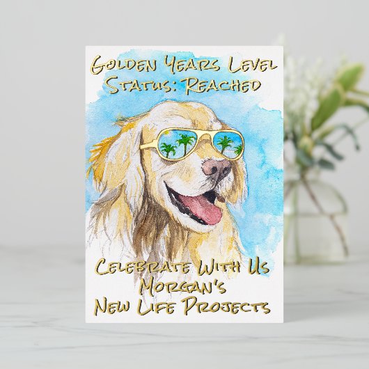 漫画スタイルゴールデンイヤーズおもしろい退職パーティー 箔招待状 (立ち正面)