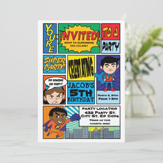 漫画スタイルスーパーヒーロー誕生日招待状 招待状 (スタンド正面)