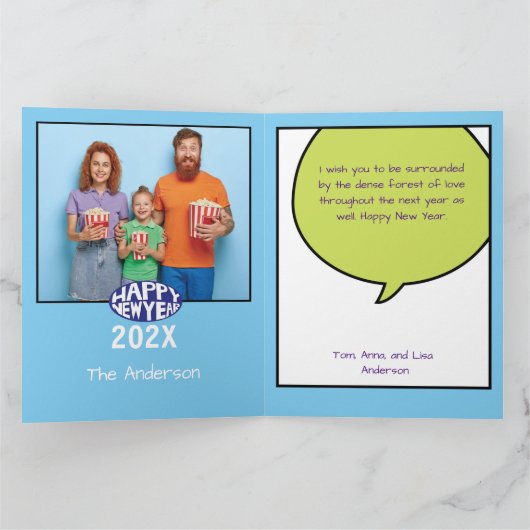 漫画スタイルパーソナライズされた写真ハッピーニューイヤーカード カード (内部)