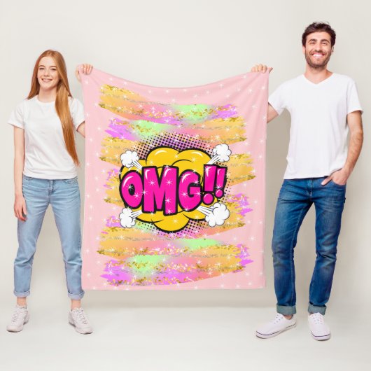 漫画スタイルポップ・アートのレトロイエローパープルOMGレインボー フリースブランケット (インサイチュ)