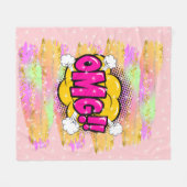 漫画スタイルポップ・アートのレトロイエローパープルOMGレインボー フリースブランケット (正面(横))