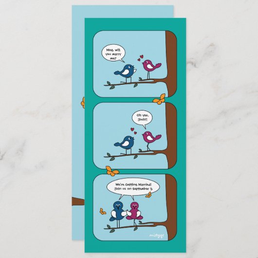 漫画ストリップラブバードは日付のカードを結婚保存 招待状 (正面/裏面)