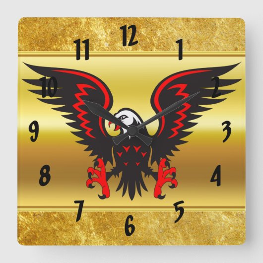 漫画ストリップ黒と赤のワシと金ゴールド箔 スクエア壁時計 (正面)