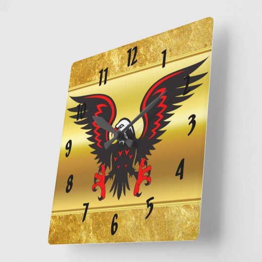 漫画ストリップ黒と赤のワシと金ゴールド箔 スクエア壁時計 (傾斜)