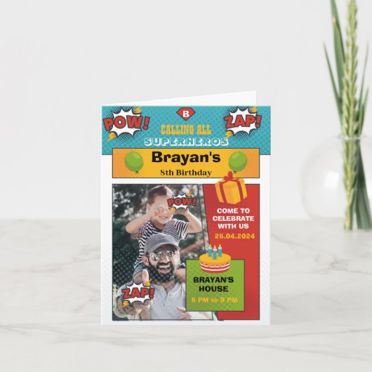 漫画スーパーヒーローの誕生日の招待状と写真 招待状 (正面)