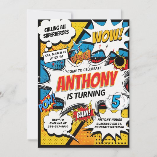 漫画スーパーヒーローズバースデーパーティー 招待状 (正面)