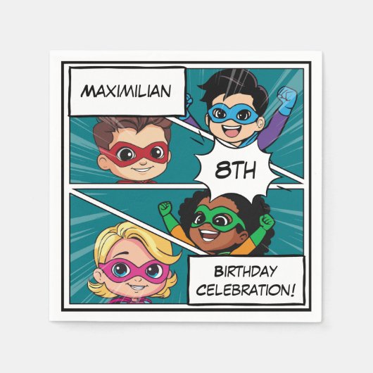 漫画スーパーヒーロー漫画ブックキュート誕生日パーティー スタンダードカクテルナプキン (正面)