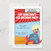 漫画スーパーヒーロー漫画誕生日パーティー(ブロンド) 招待状 (正面)