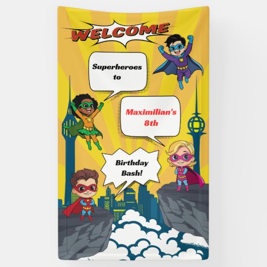 漫画スーパーヒーロー誕生日パーティーウェルカムバナー 横断幕 (縦)