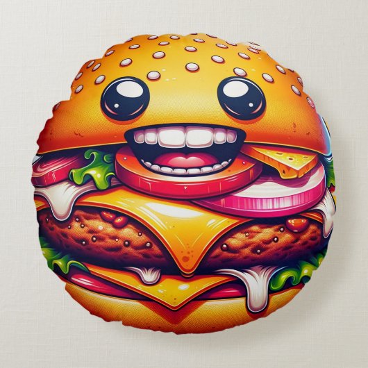 漫画チーズバーガー丸い枕お洒落- ラウンドクッション (正面)