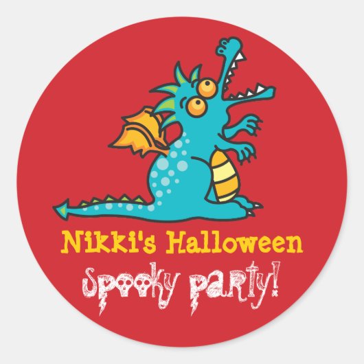 漫画ティール(緑がかった色)グリーン魔法ドラゴンハローウィンパーティ ラウンドシール (正面)