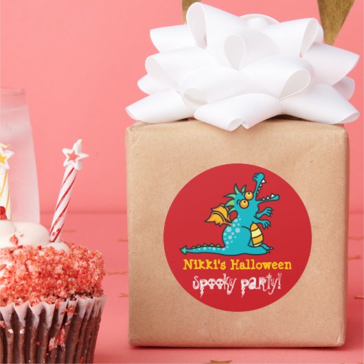 漫画ティール(緑がかった色)グリーン魔法ドラゴンハローウィンパーティ ラウンドシール (パーティー)