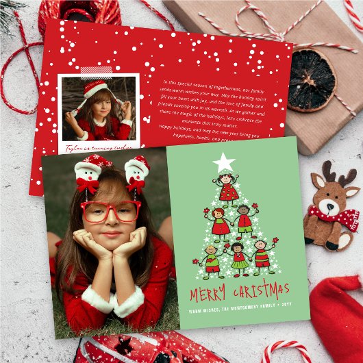 漫画ハッピーキッズクリスマスツリーと星の写真 シーズンカード