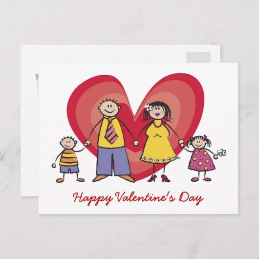 漫画ハッピーファミリービッグ赤いハートバレンタインデー シーズンポストカード (正面/裏面)