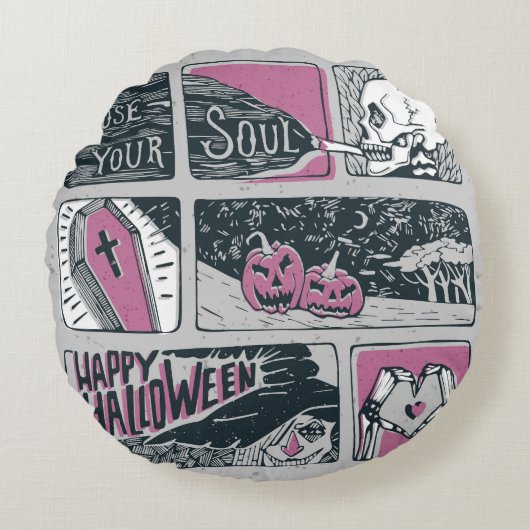 漫画ハロウィーン：おもしろいイラストレーション ラウンドクッション (正面)