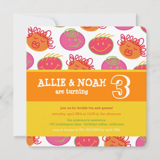 漫画バブルガム顔ツインズ誕生日フォト招待状 招待状 (正面)