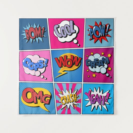 漫画バブルセット。式Bom、カッコいいPow、Oop タペストリー (正面)