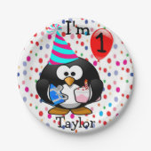 漫画パーソナライズされたペンギン1歳の誕生日パーティー ペーパープレート (正面)