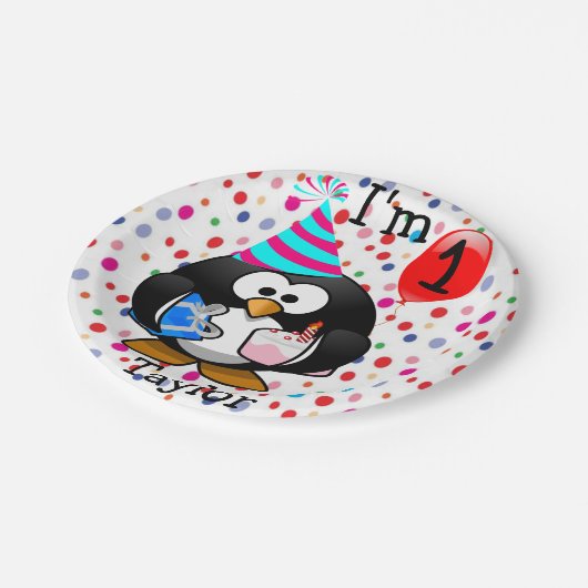 漫画パーソナライズされたペンギン1歳の誕生日パーティー ペーパープレート (アングル)