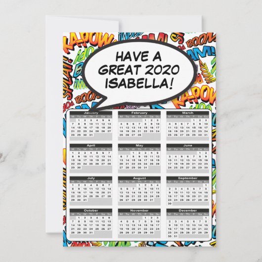 漫画ブックアポップ・アートのートスピーチバブル2020カレンダー 招待状 (正面)