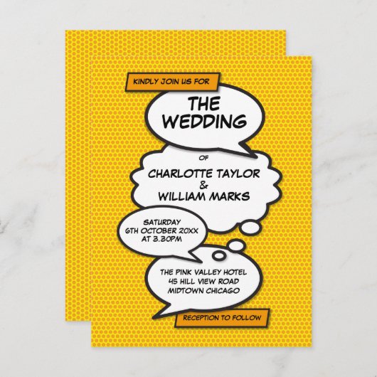 漫画ブックアポップ・アートのート結婚式招待状 案内ポストカード (正面/裏面)