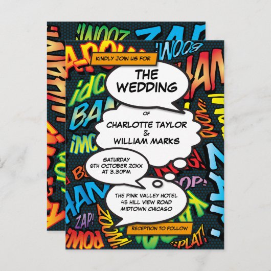 漫画ブックアポップ・アートのート結婚式招待状 案内ポストカード (正面/裏面)