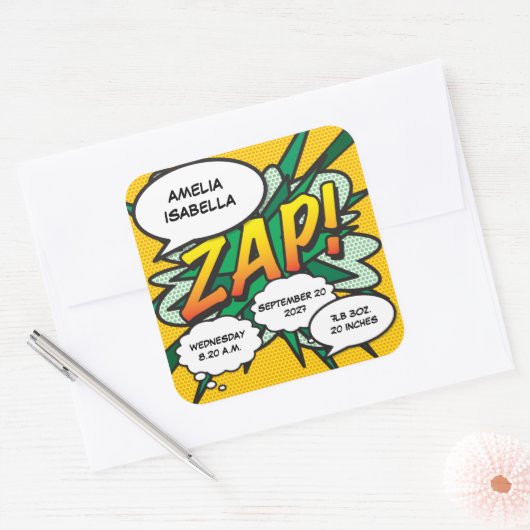 漫画ブックアポップ・アートのート誕生の状態パーソナライズされた スクエアシール (封筒)