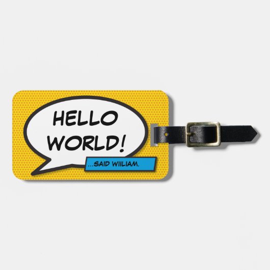 漫画ブックアポップ・アートのートHELLO WORLD パーソナライズされた ラゲッジタグ (正面横)