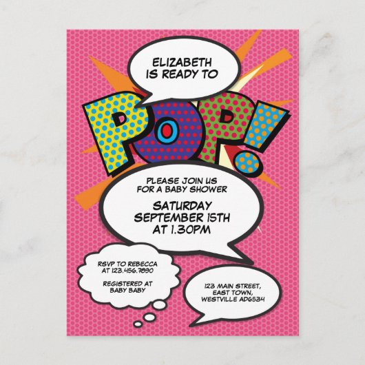 漫画ブックアーポップ・アートのト準備ベビーポップ・アートのシャワー招待状 案内ポストカード (正面)