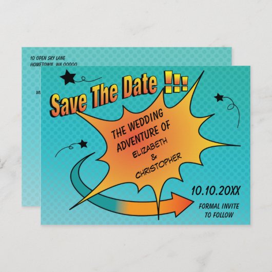 漫画ブックウェディング日付の保存 案内ポストカード (正面/裏面)