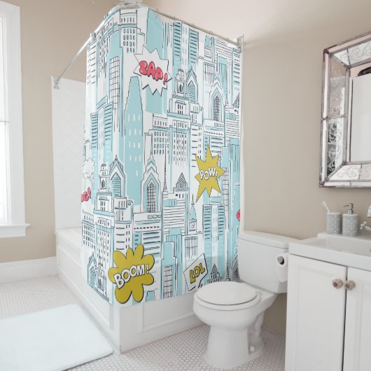 漫画ブックシティ:ヴィンテージパターン シャワーカーテン (インサイチュ)