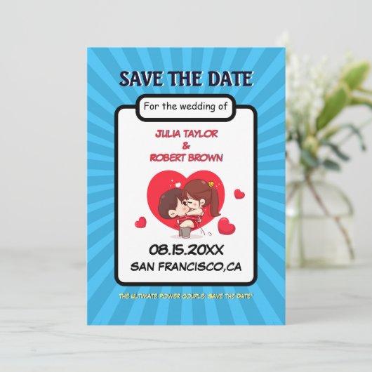 漫画ブックスタイルパーソナライズされたの保存日 招待状 (スタンド正面)